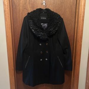 Guess Black Pea Coat with Plush Collar